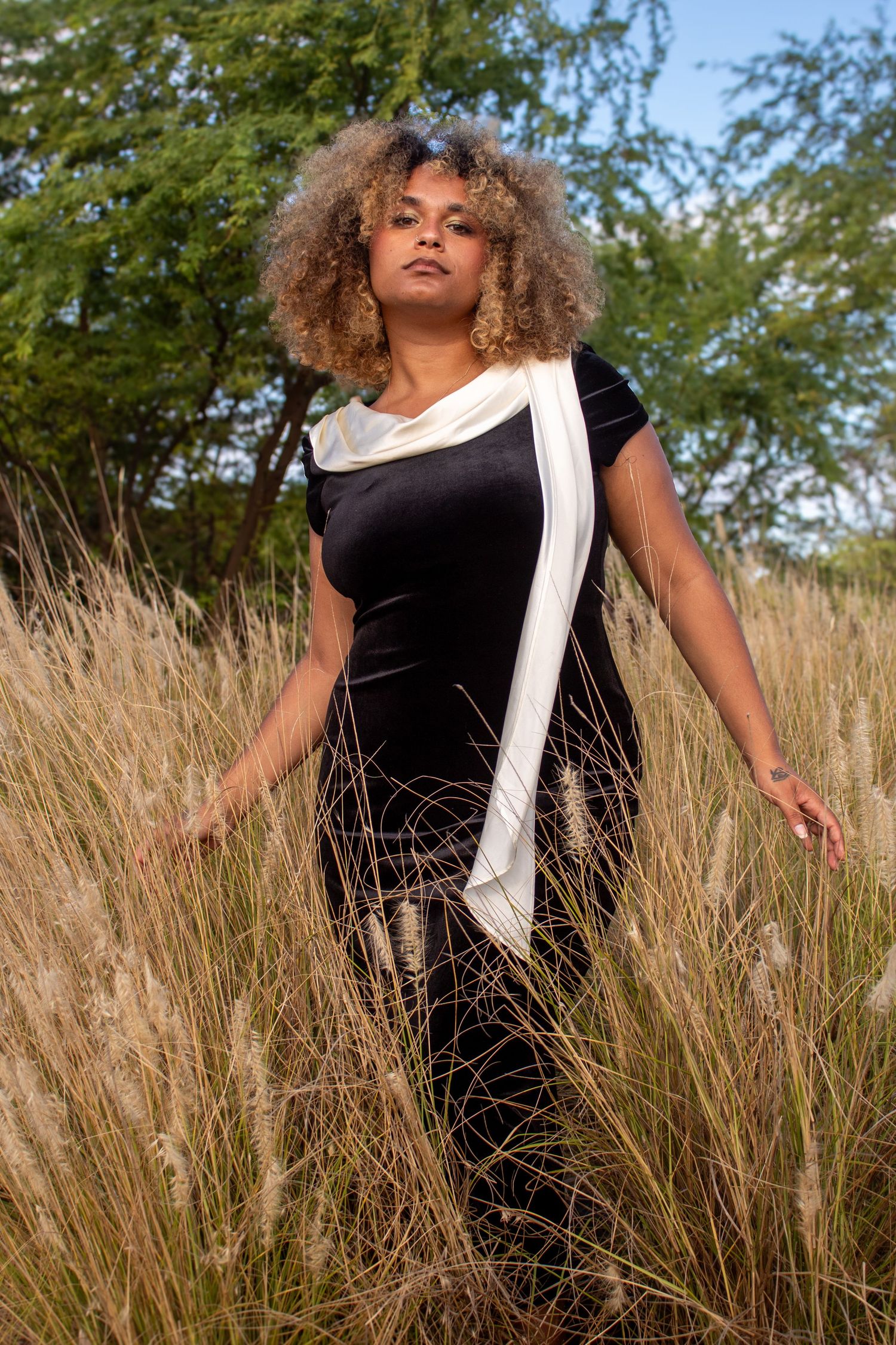 Model in black dress with white sash poses gracefully in tall golden grass during sunset.