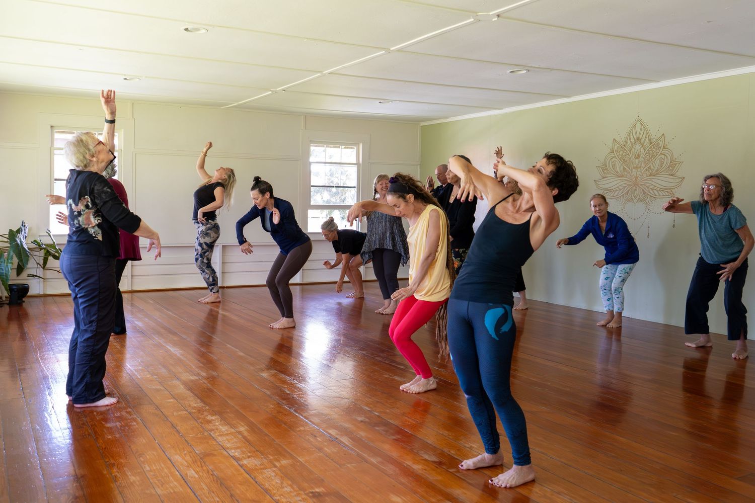 A group of people participate in a dance fitness class with raised arms in a bright studio with wooden floors.