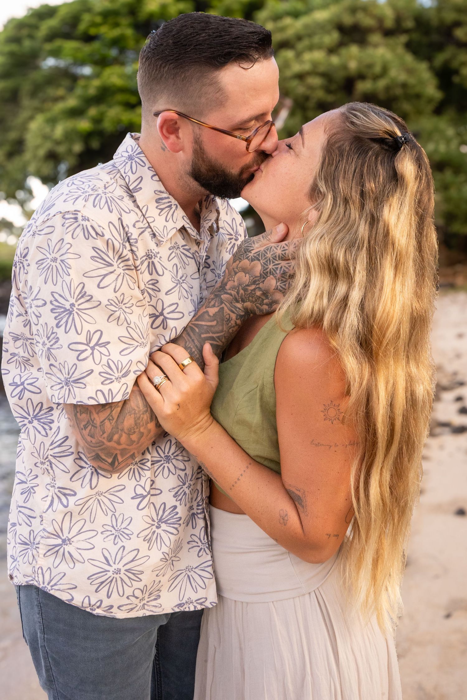 Sequence of romantic beach portraits showing couple in casual attire sharing intimate moments.