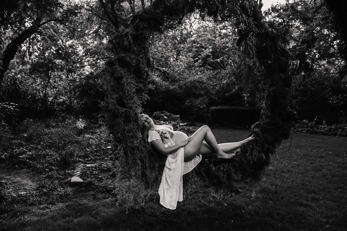 Dreamy black and white landscape scene in a wooded area.