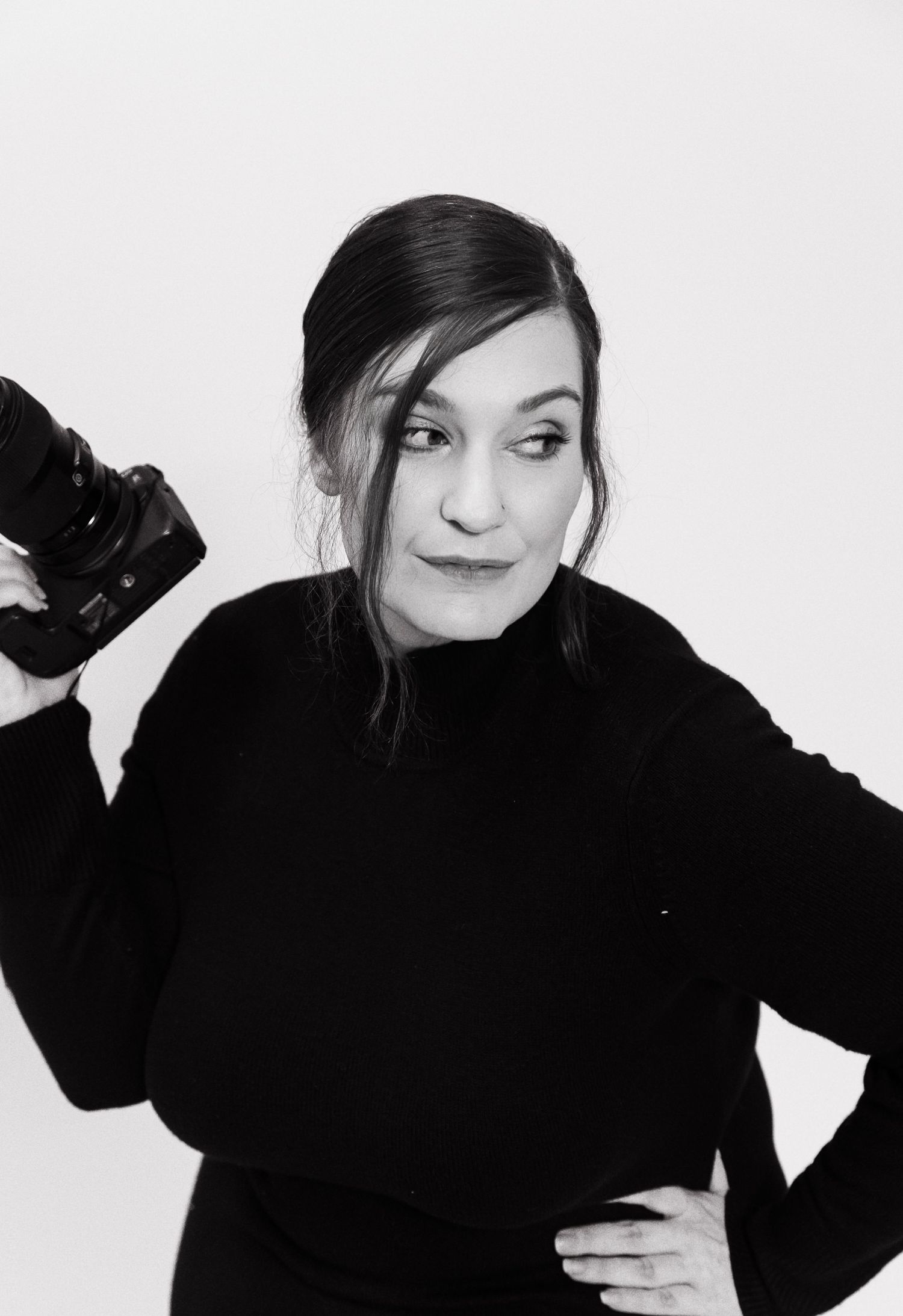 Artistic portrait series showing playful poses against white background.