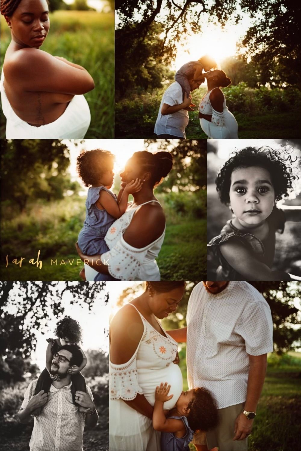 Family photos taken at sunset in a park with warm golden light filtering through trees.