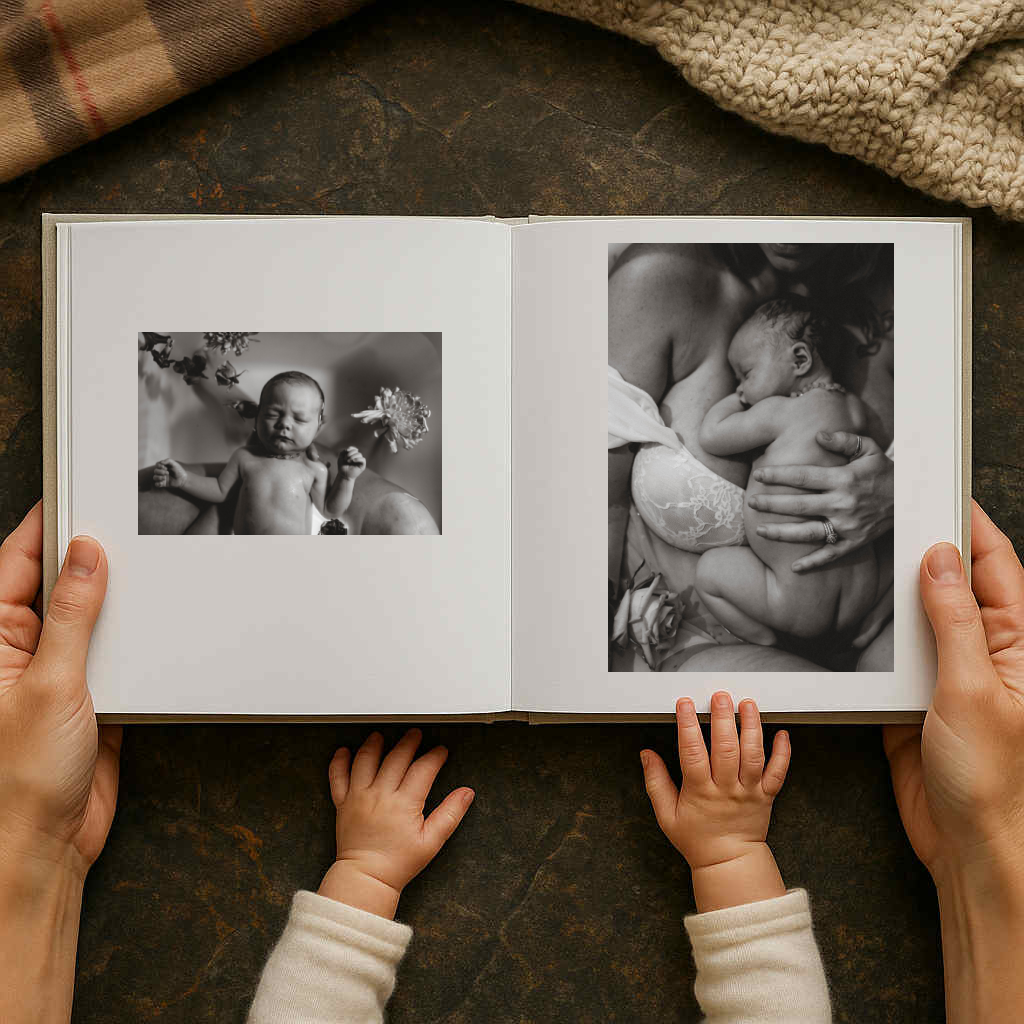 Hands holding and turning pages of a black and white photo album displaying intimate family moments.