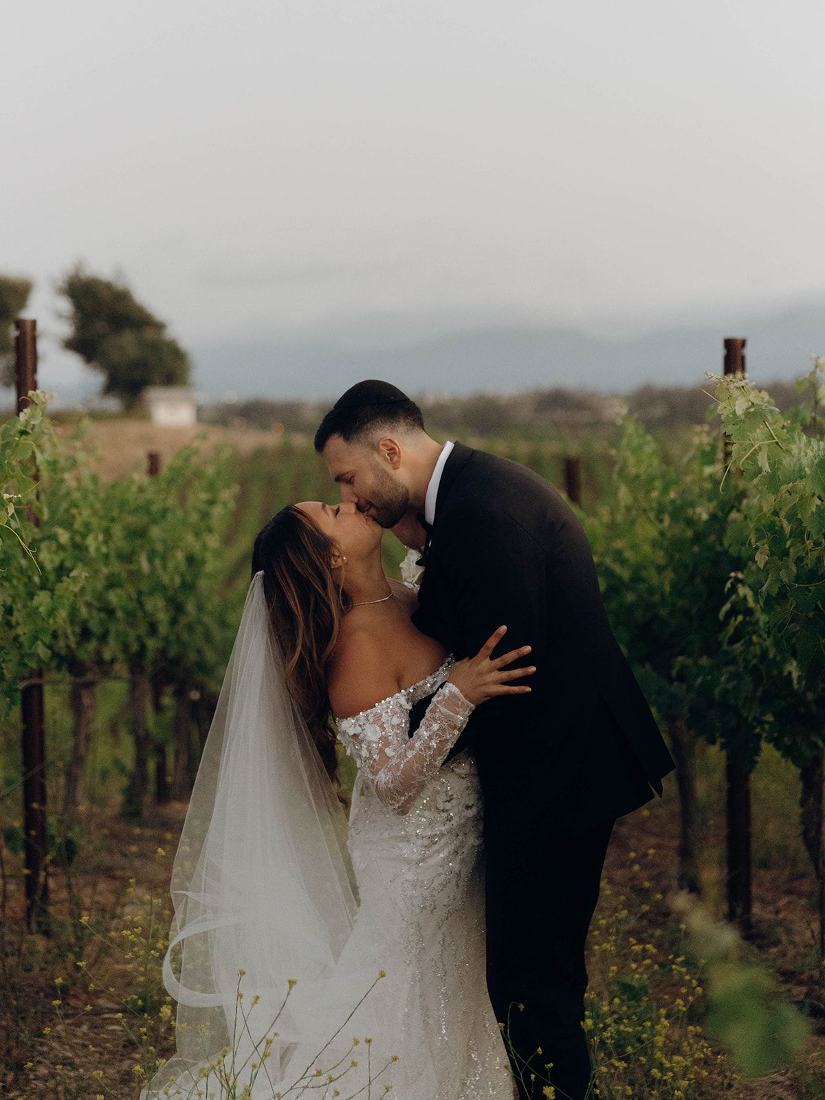 A romantic moment between newlyweds among the vineyard rows during sunset.