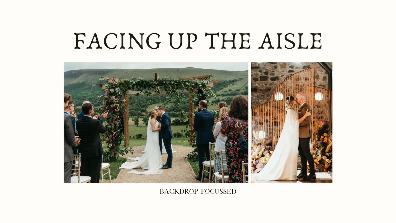 Two wedding ceremony scenes side by side showing couples exchanging vows under floral arches with guests watching.