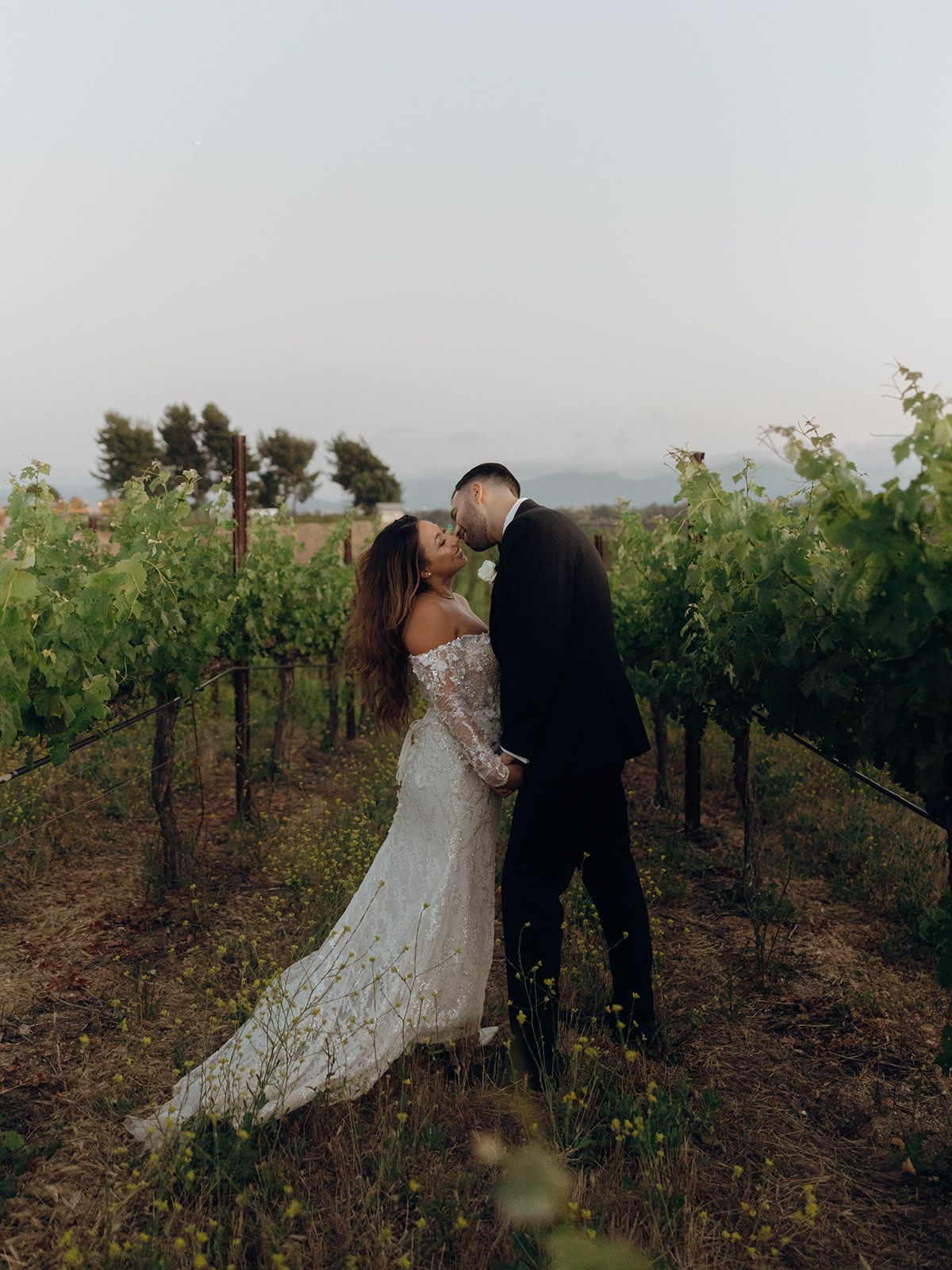 Romantic silhouette of a couple sharing an intimate moment in a vineyard at dusk with mountains in the background.