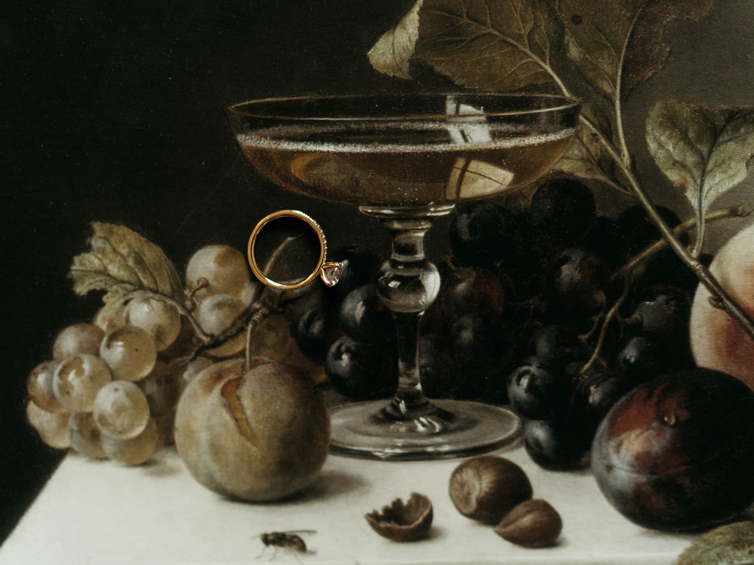 Dark and moody still life painting featuring antique vessels, fruits, and decorative objects on a table.