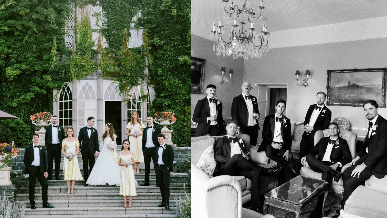 Wedding party in formal attire poses on church steps and relaxes in elegant indoor setting in black and white split photo.
