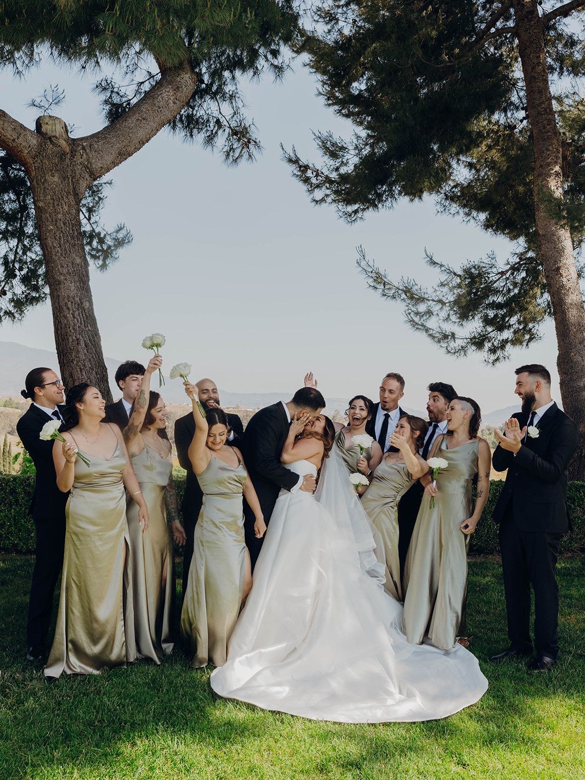 A wedding party in light champagne bridesmaid dresses and black suits celebrate together under tall pine trees.
