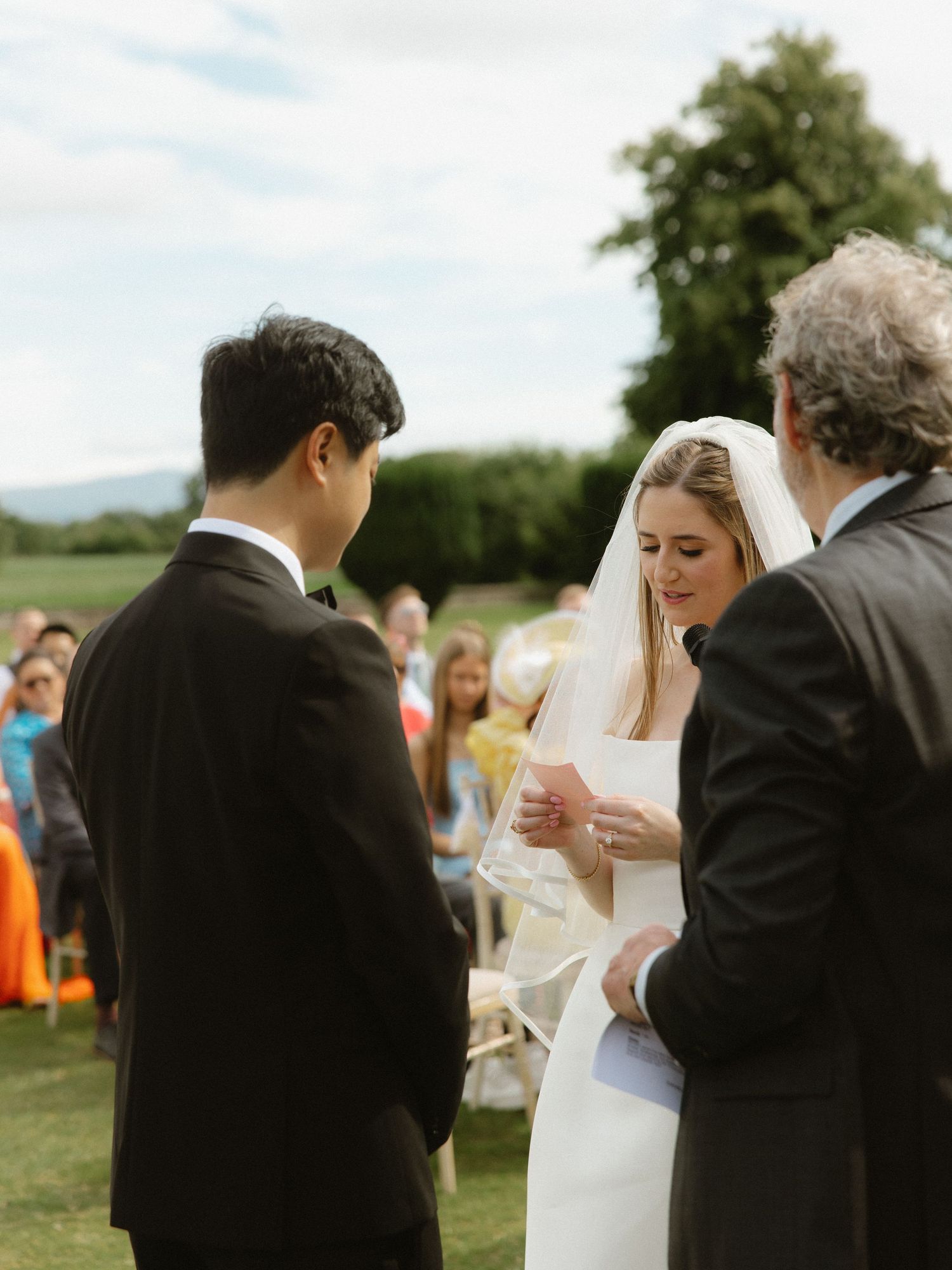 Wedding ceremony on grassy lawn with guests watching exchange of vows.