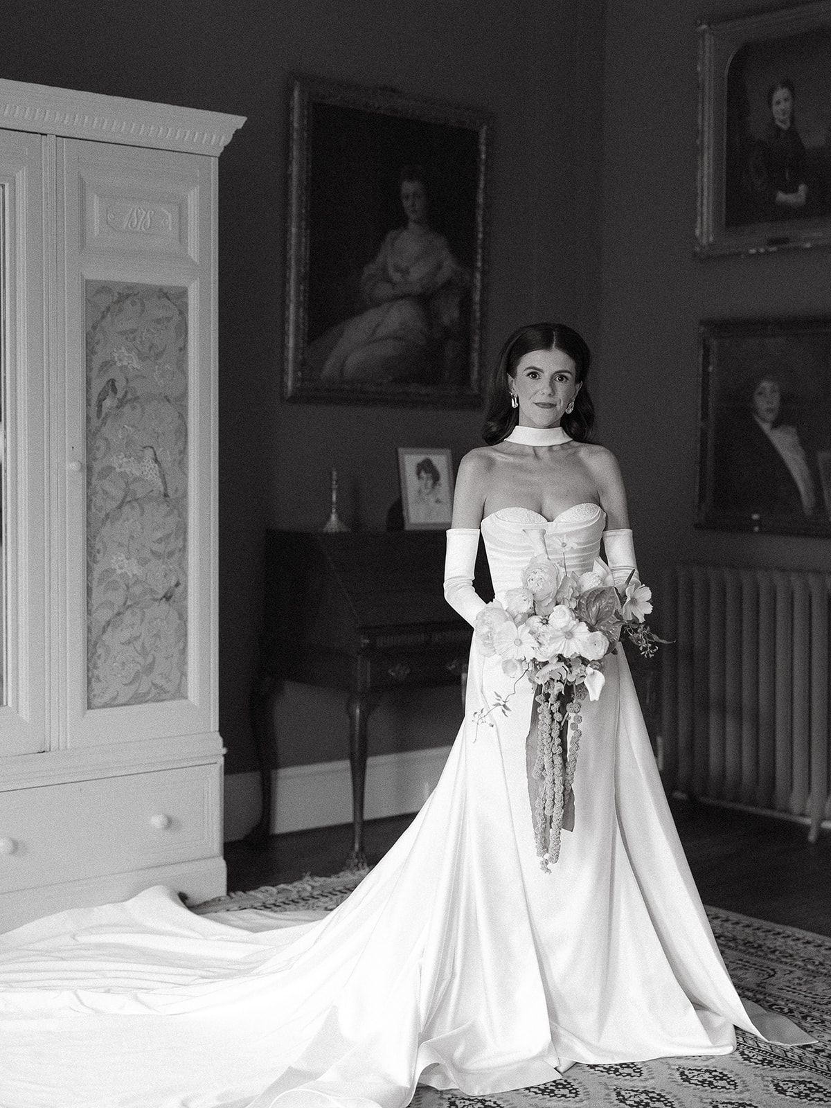 A black and white photo collage showing a bride in a white wedding gown with a long train in different poses.