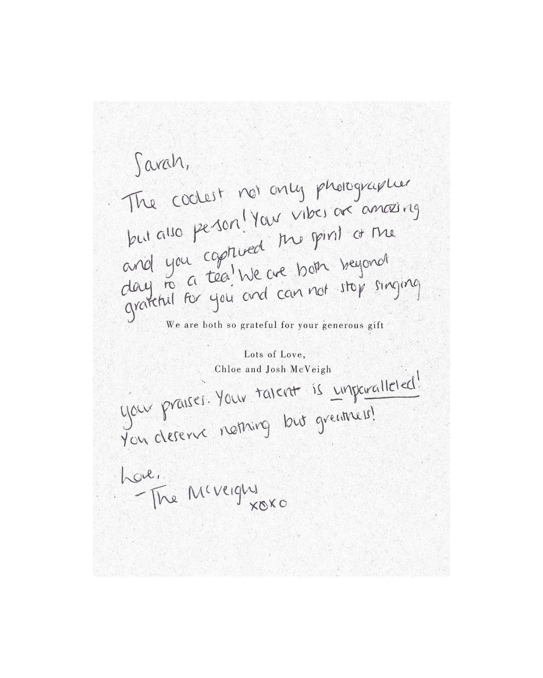 Handwritten thank you notes on white paper showing personal messages of gratitude.