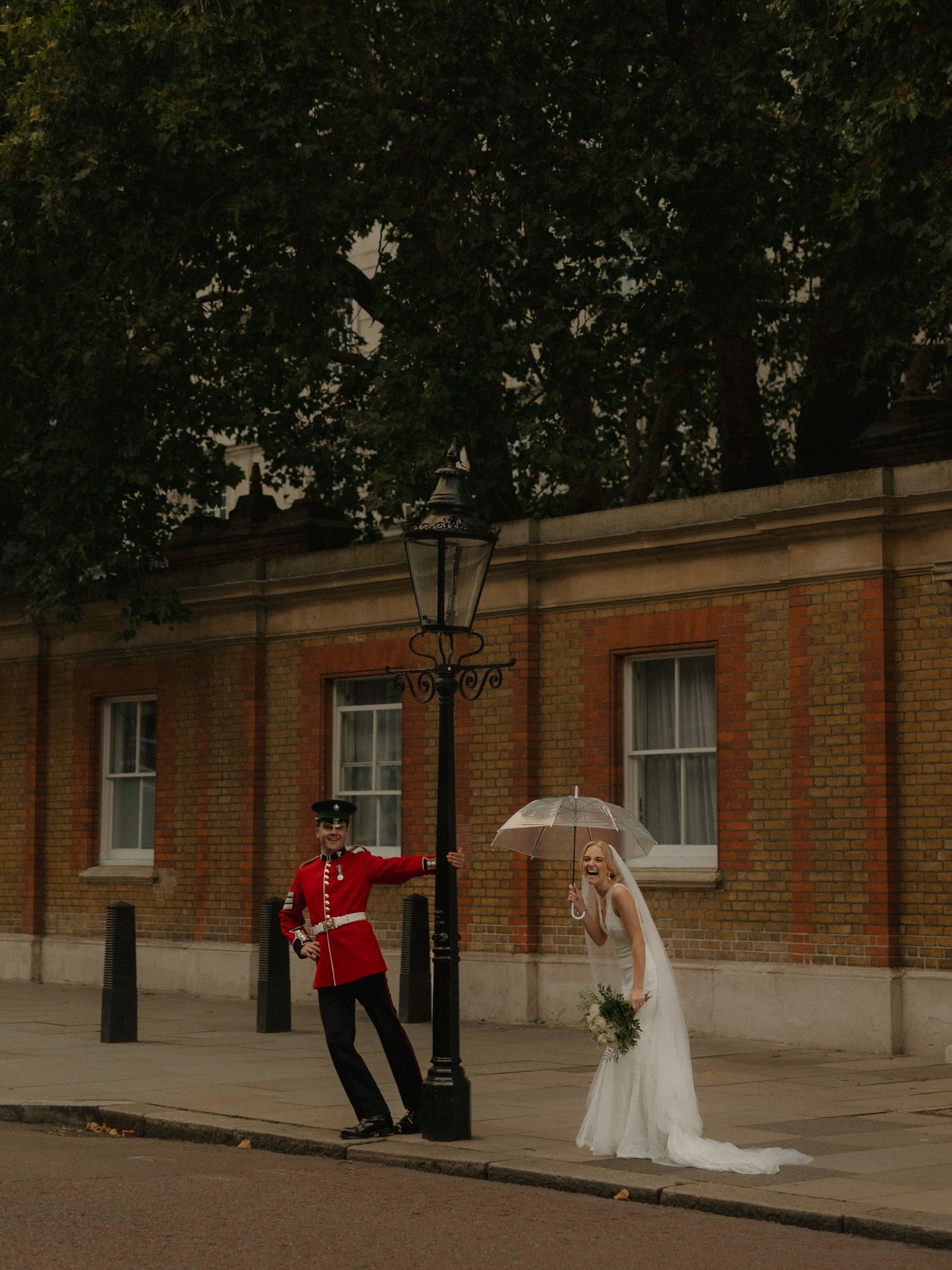 A sequence of wedding photos shows figures in red uniforms and formal attire walking along a brick building exterior.