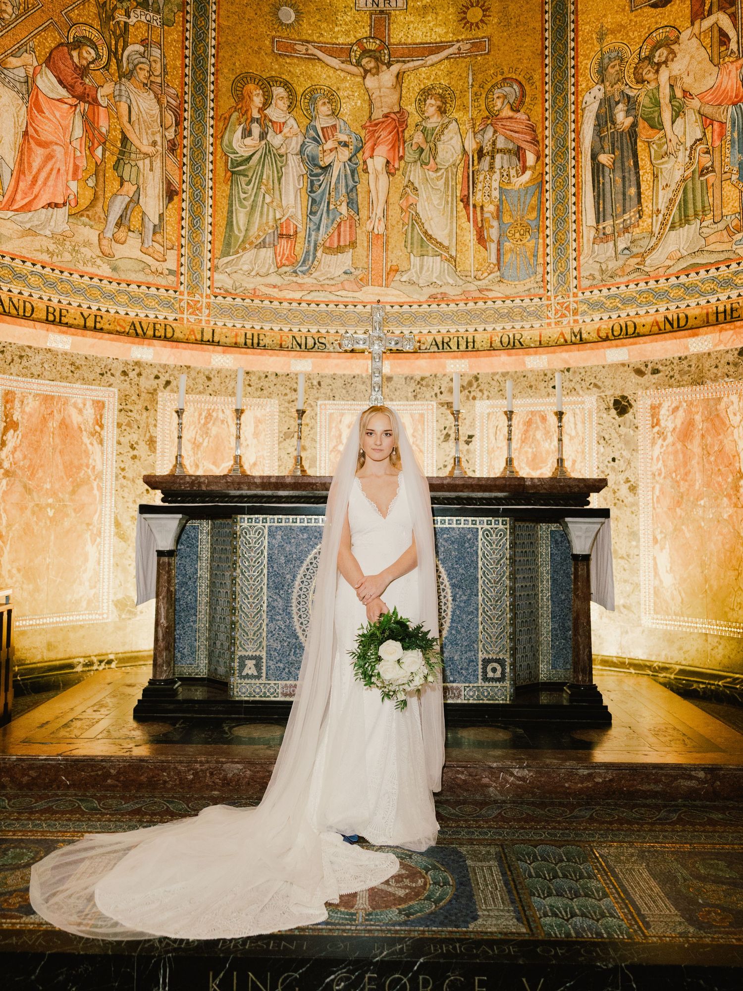 A row of five wedding photos showing flowing white bridal gowns against ornate cathedral walls with religious frescoes.