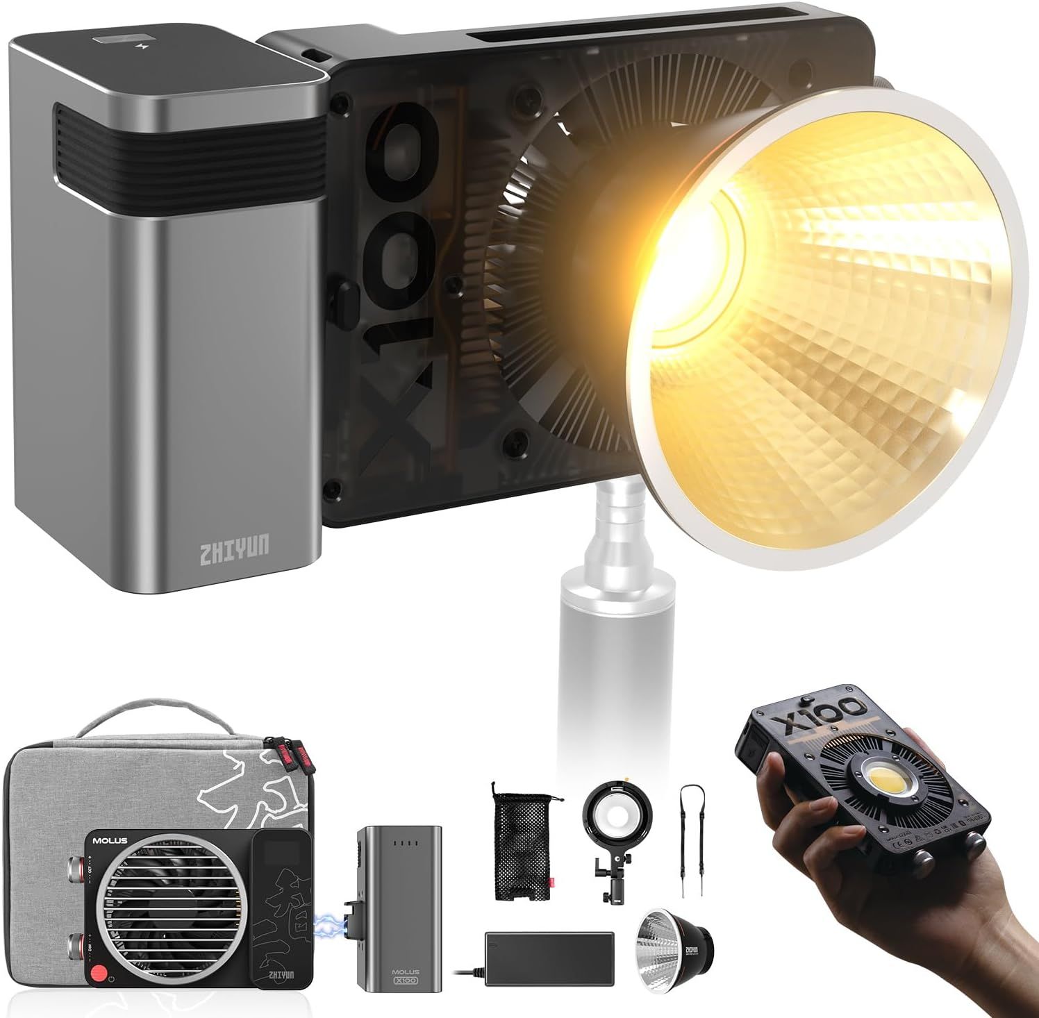 Portable LED light fixture with adjustable arm and sleek modern design shown in various angles and mounting positions.