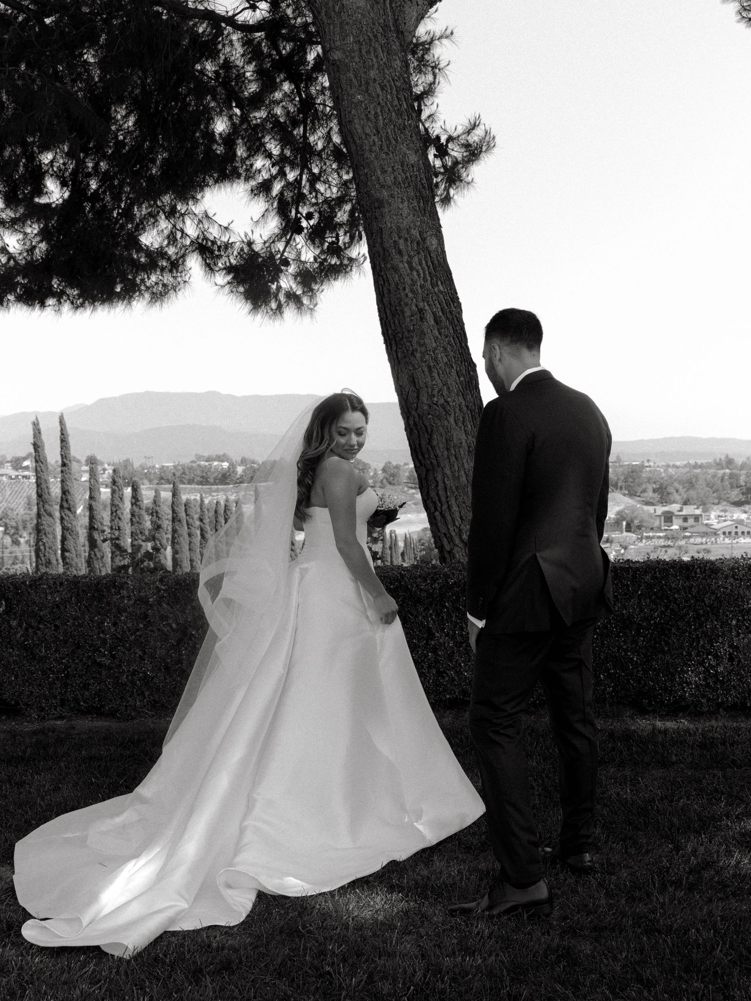 Black and white wedding photos show a couple in formal attire posing among trees with scenic mountain views in background.