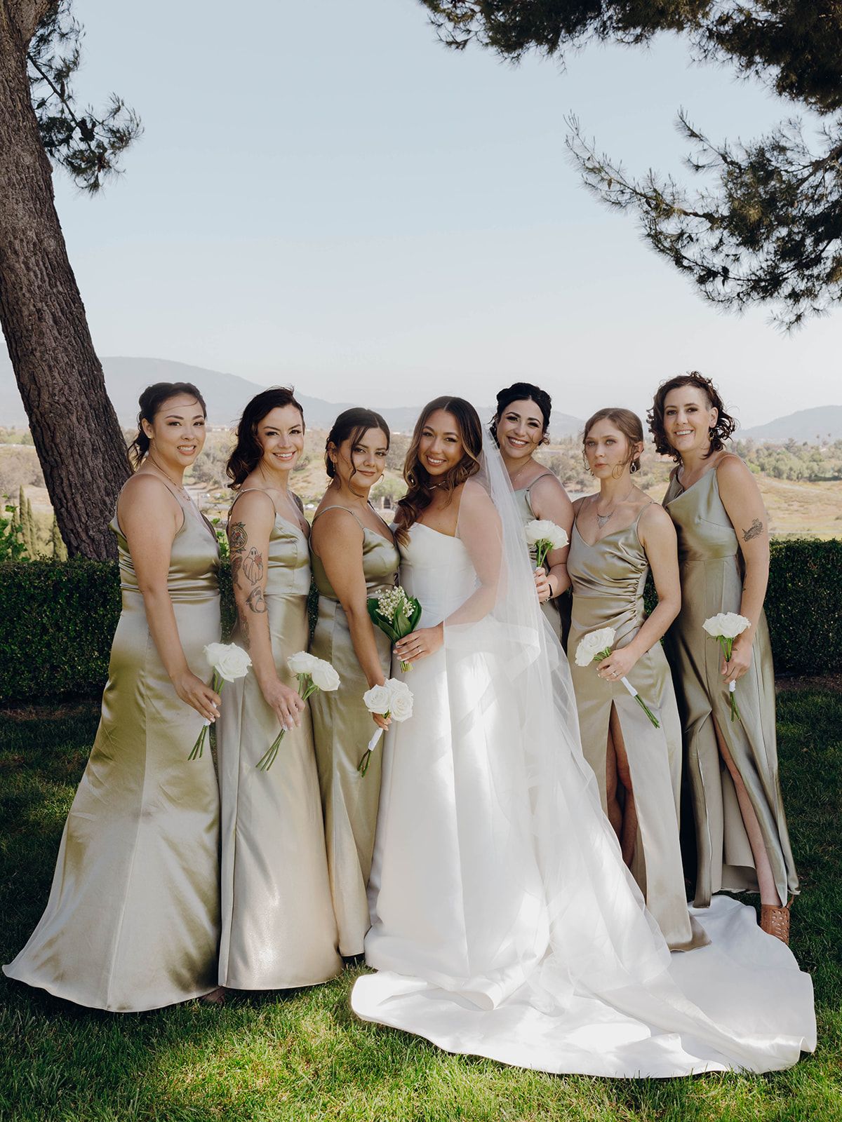 Wedding party poses together outdoors with bridesmaids in elegant sage green dresses standing beside bride in white gown.