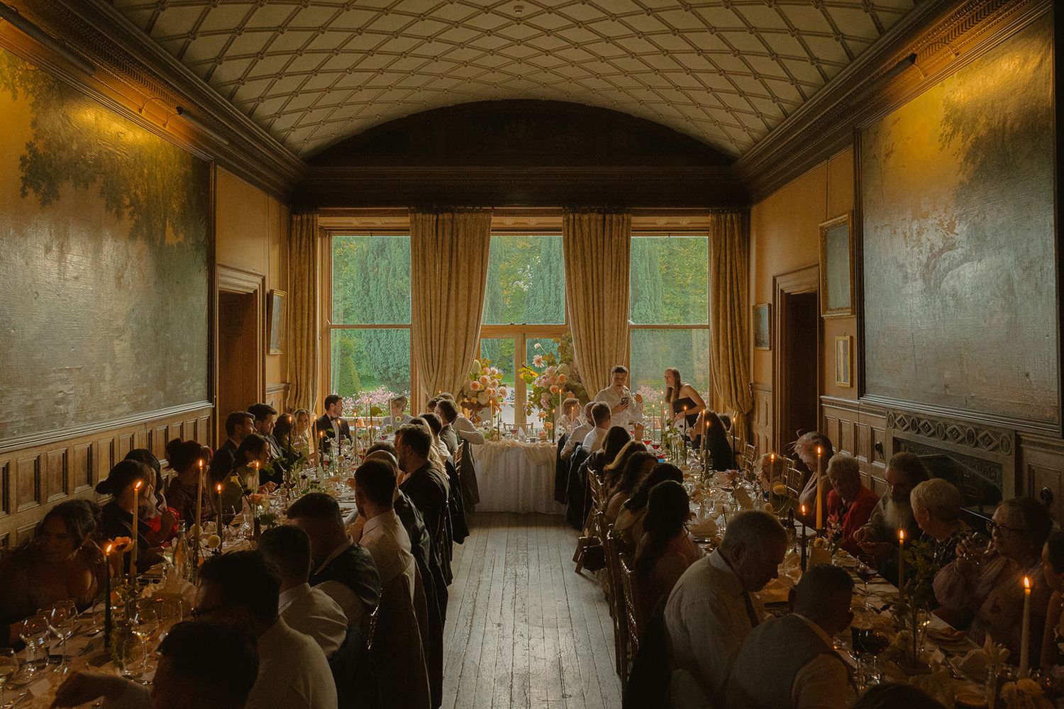 A series of vintage photographs showing a formal wedding ceremony and reception in an elegant historic setting.