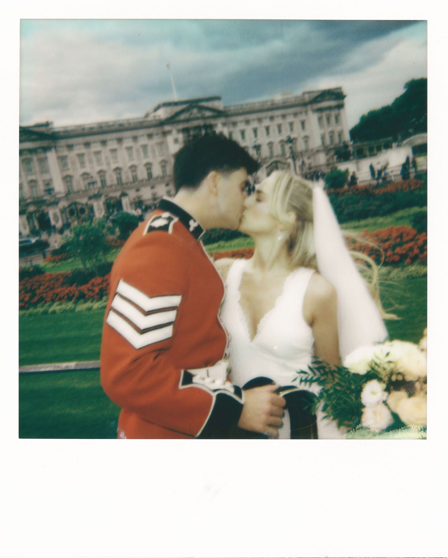 Retro style wedding photos taken in front of a grand historic building.