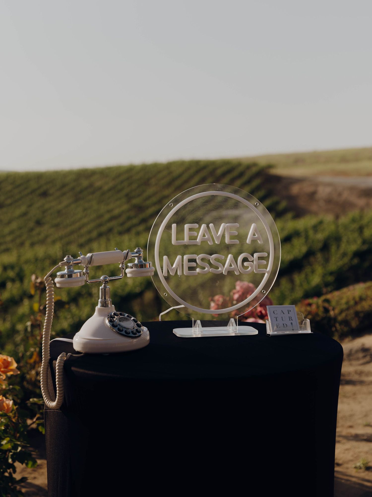 Vintage rotary telephone displayed on black surface against scenic hillside backdrop with 'Leave a Message' text overlay.