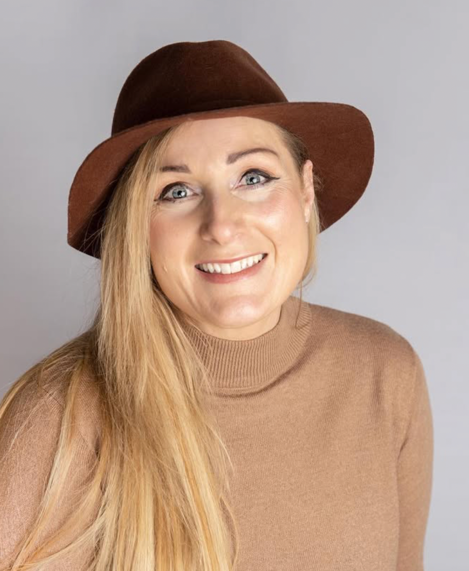 Stylish portrait series showing a brown fedora hat and tan turtleneck sweater against a neutral gray background.