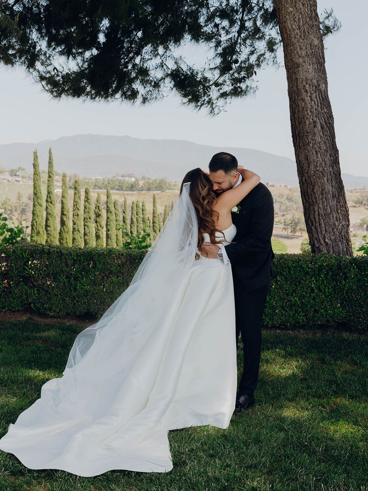 Newlyweds sharing an intimate moment under a pine tree with cypress trees and rolling hills in the background.