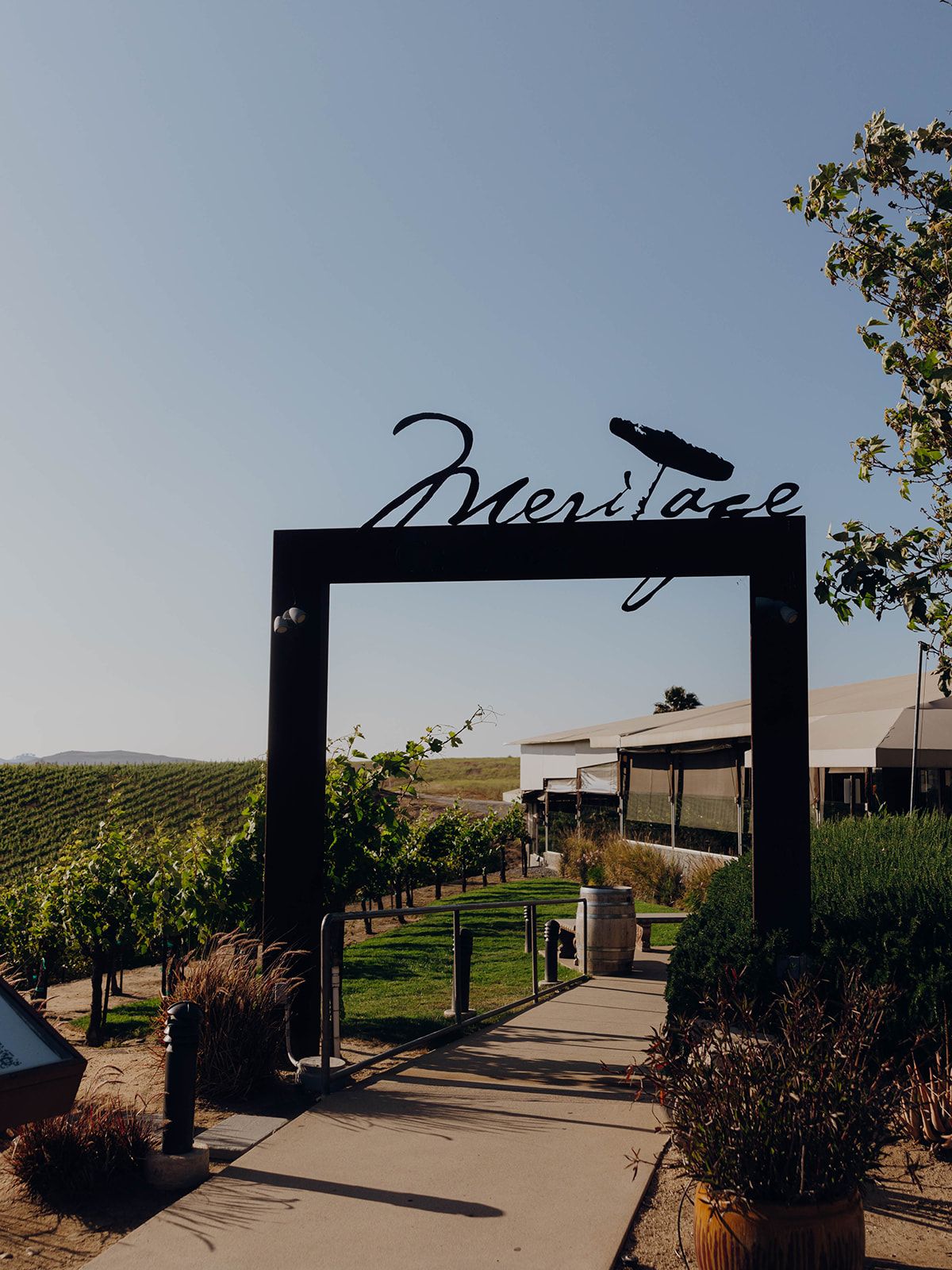A black metal archway entrance with 'Prestige' signage leads to a winery vineyard path on a sunny day.
