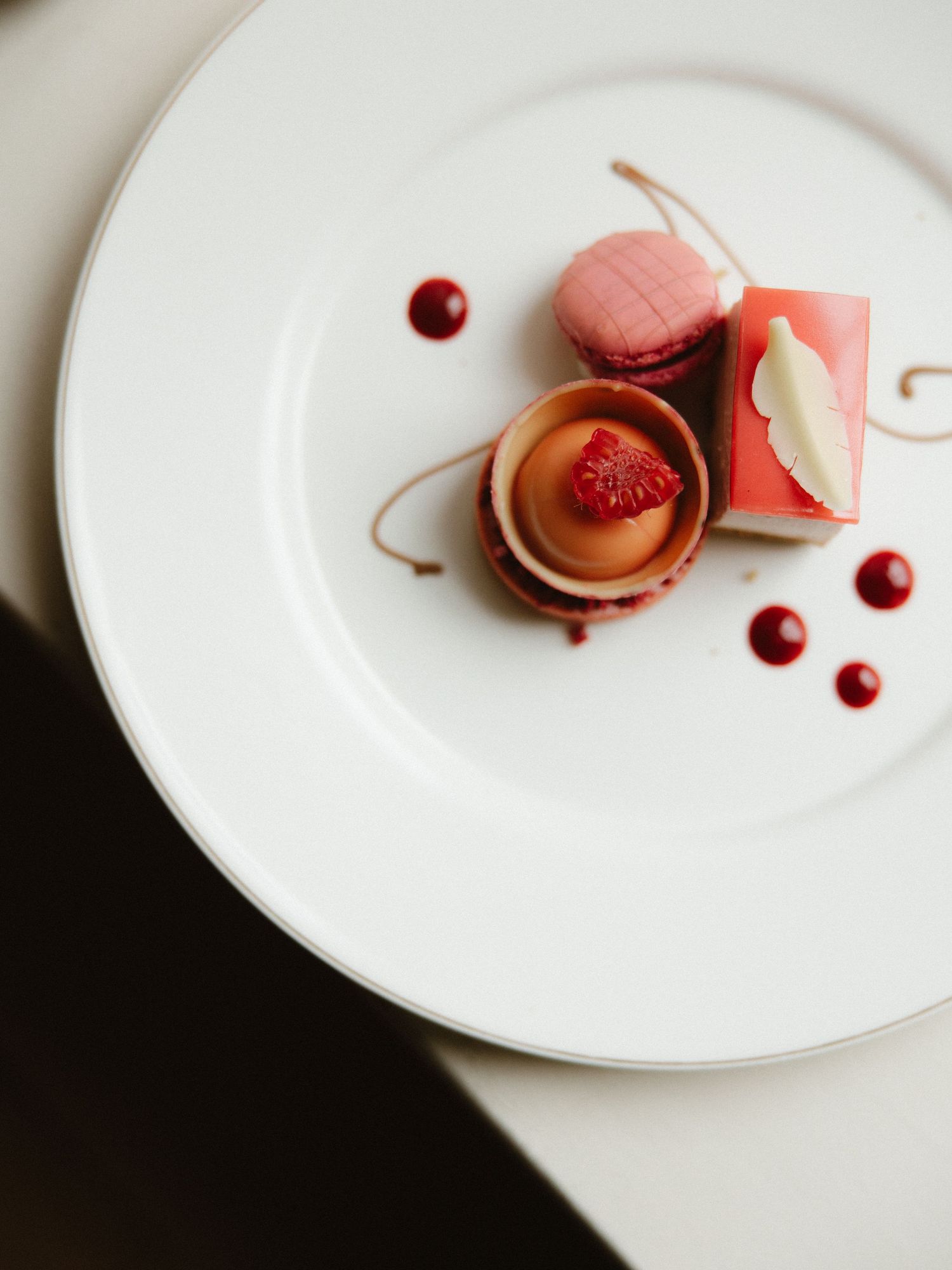 Pink and red dessert plate featuring a macaron and geometric pastry with raspberry accents.