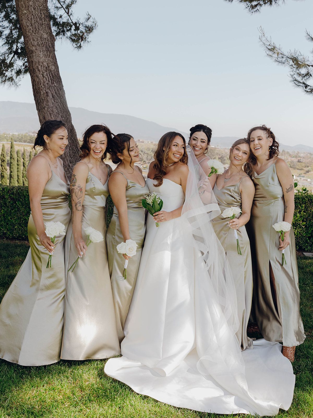 Bridesmaids in champagne satin dresses gather with bride in white gown for outdoor wedding photo with mountain backdrop.