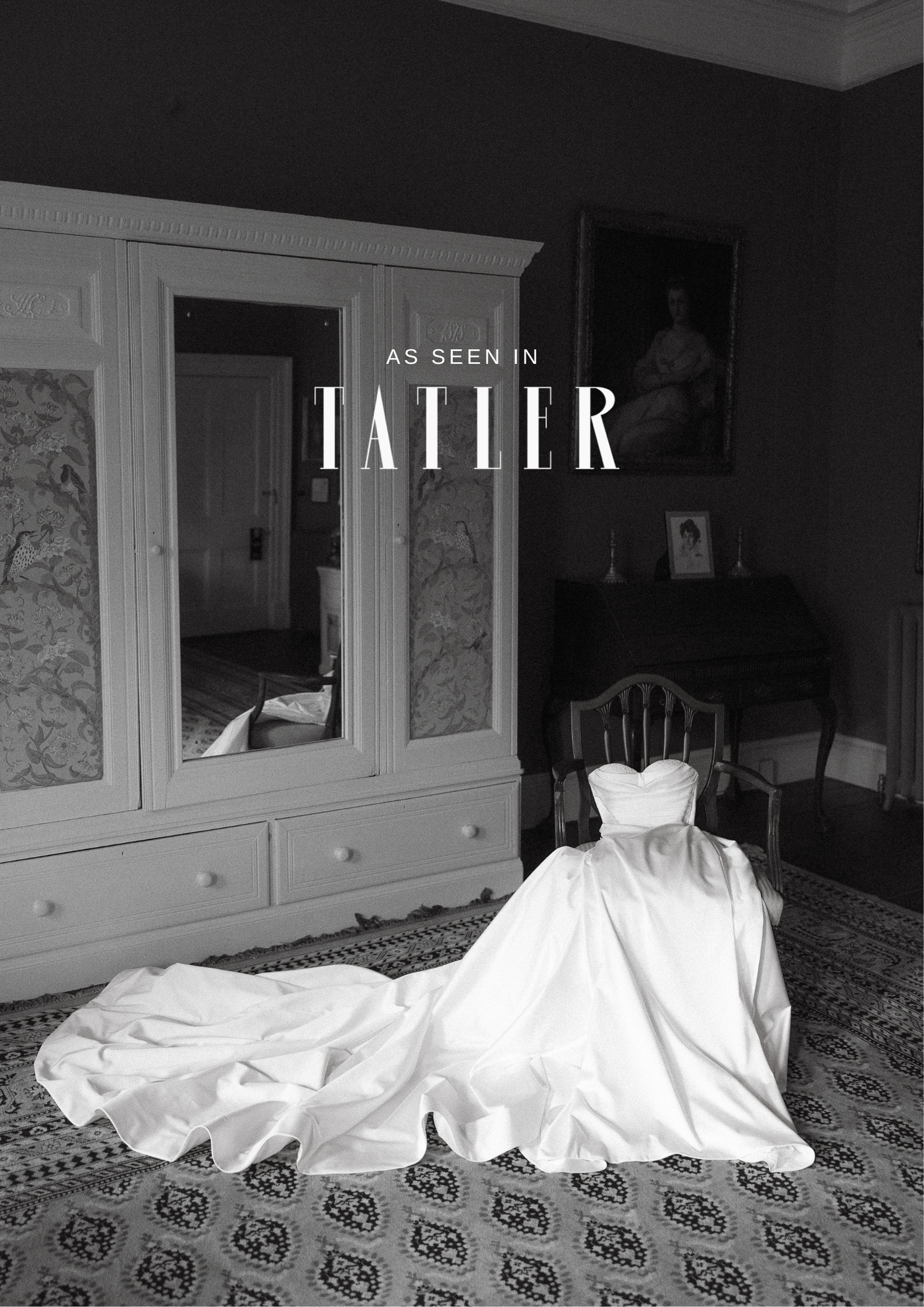 A dramatic black and white photo series of a wedding dress displayed in an elegant interior setting.