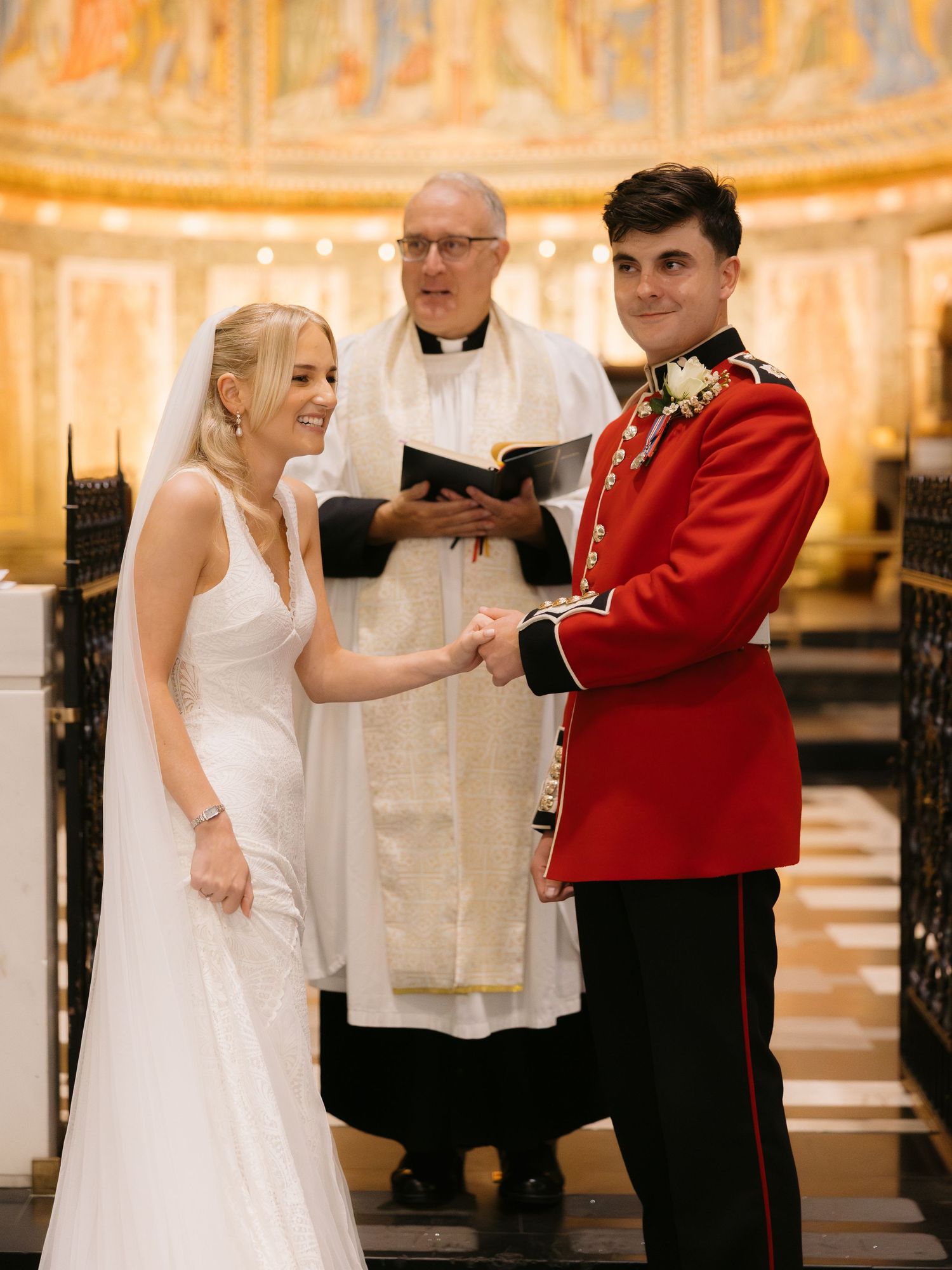 Couple in formal wedding attire shares three progressive dance moments in an elegant gold-lit ballroom setting.