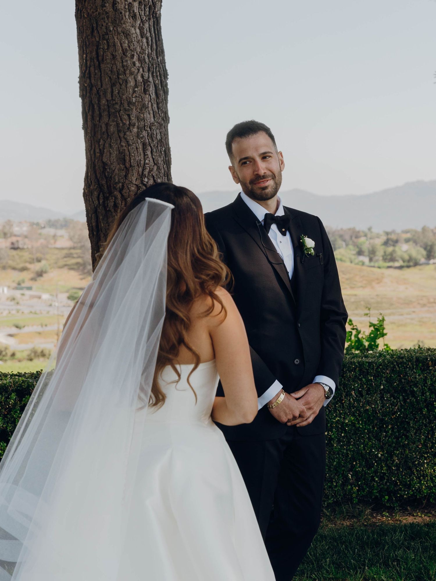 A romantic wedding couple embraces in front of a scenic mountain landscape with greenery and hedges.