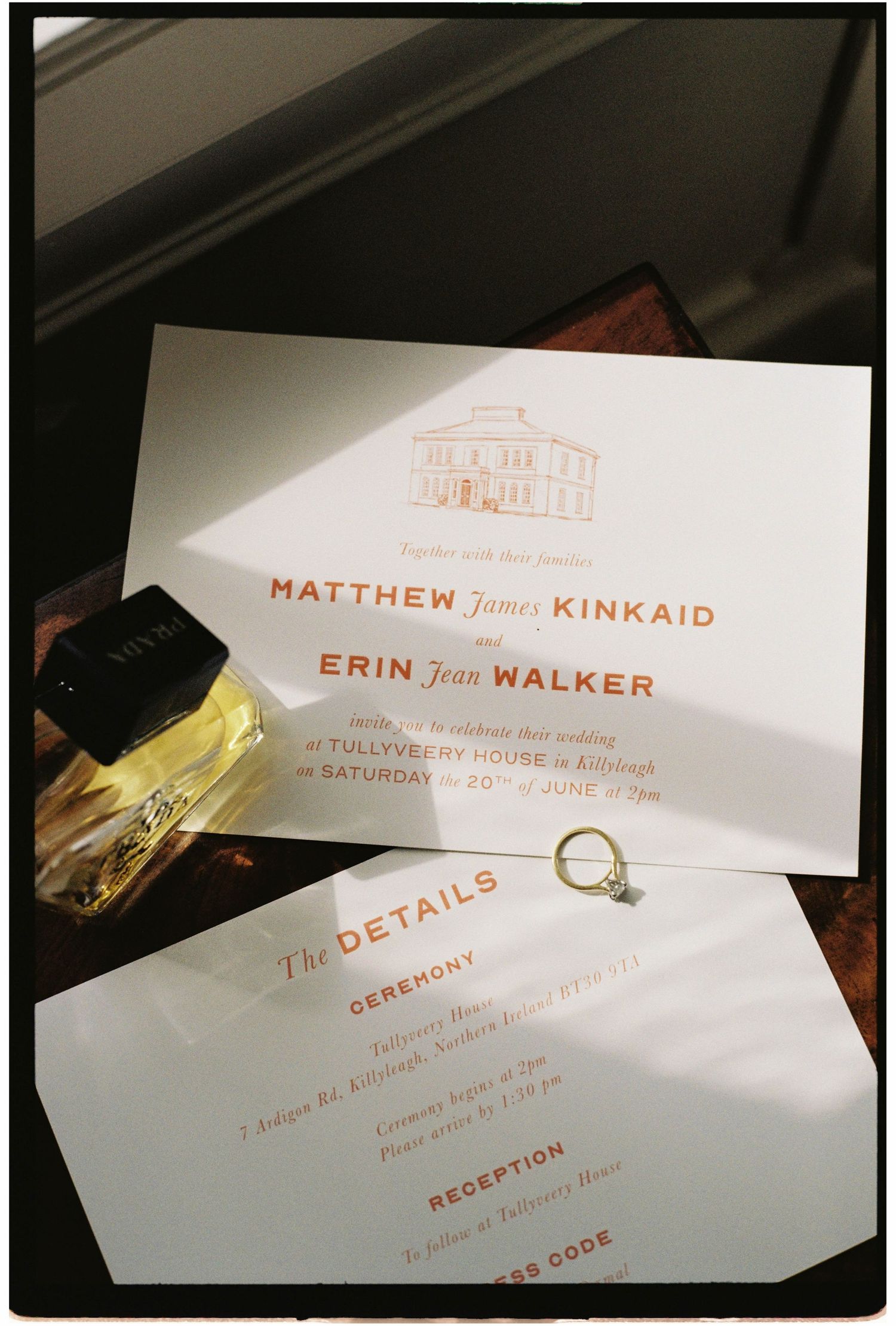 Wedding invitation for Matthew James Kinkaid and Erin Jean Walker at Tullyveery House in Killyleagh.