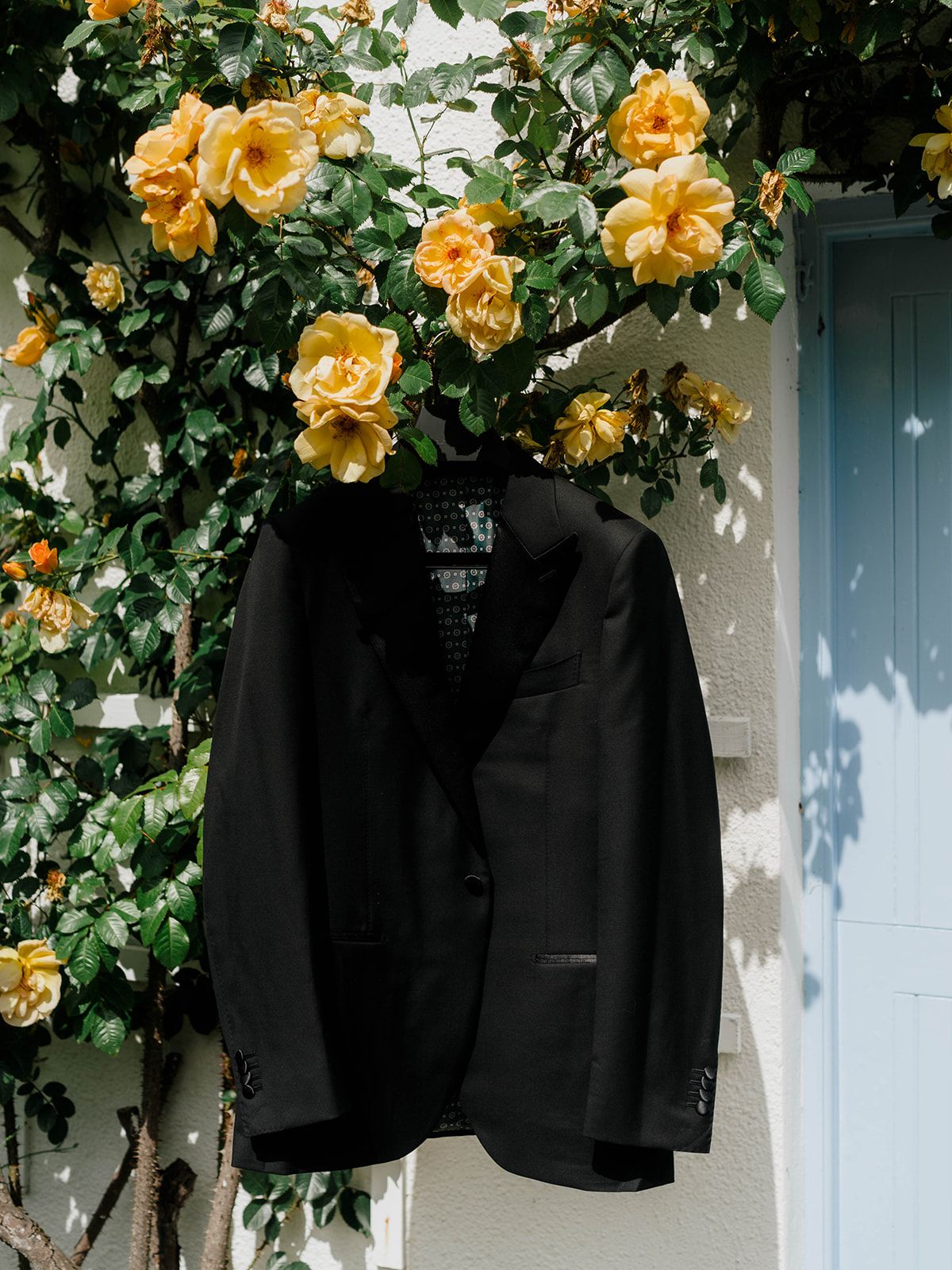 Black formal suit jacket hanging against wall with climbing yellow roses.