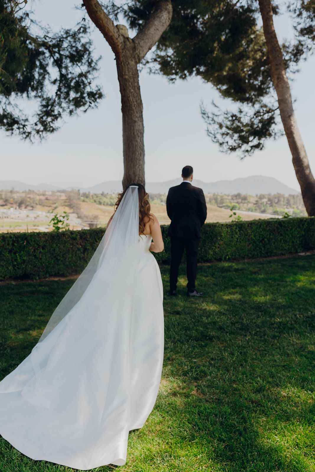 An elegant wedding photo showing a flowing white dress and veil against a backdrop of trees and distant hills.