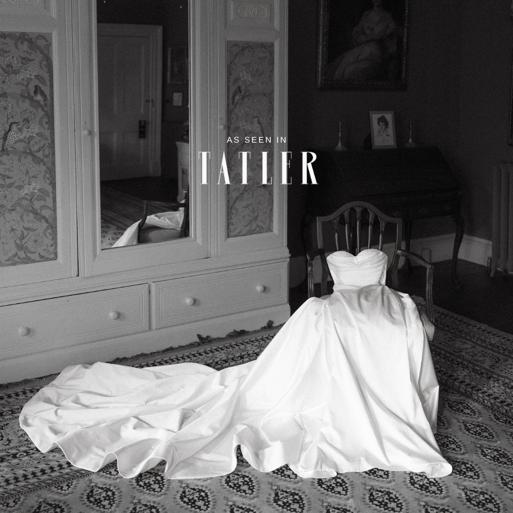 Wedding dress photos in an elegant room with Tatler magazine branding in black and white.