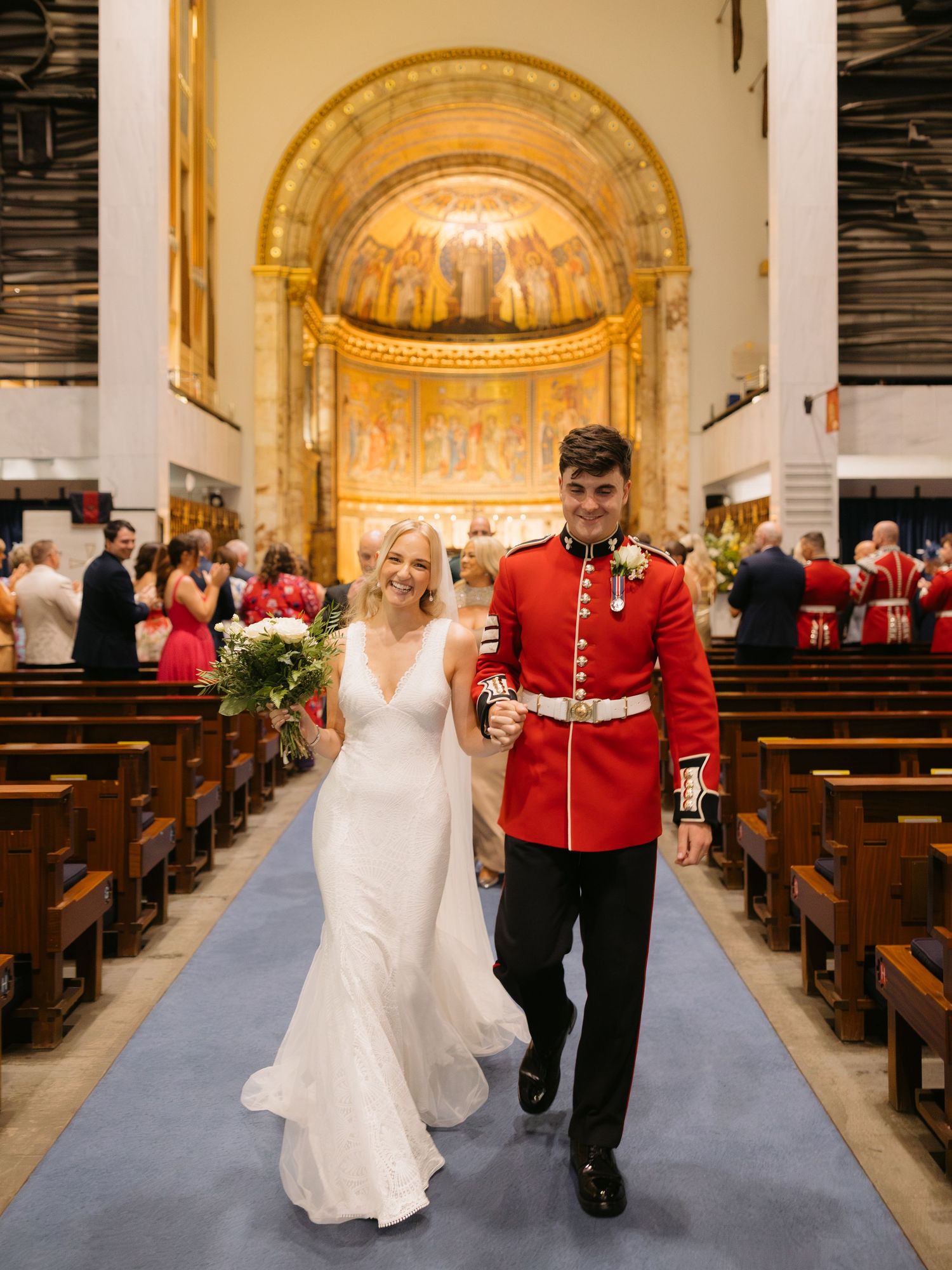 Multiple photos showing bride and Royal Guard progressing down church aisle with golden altar and wooden pews visible.