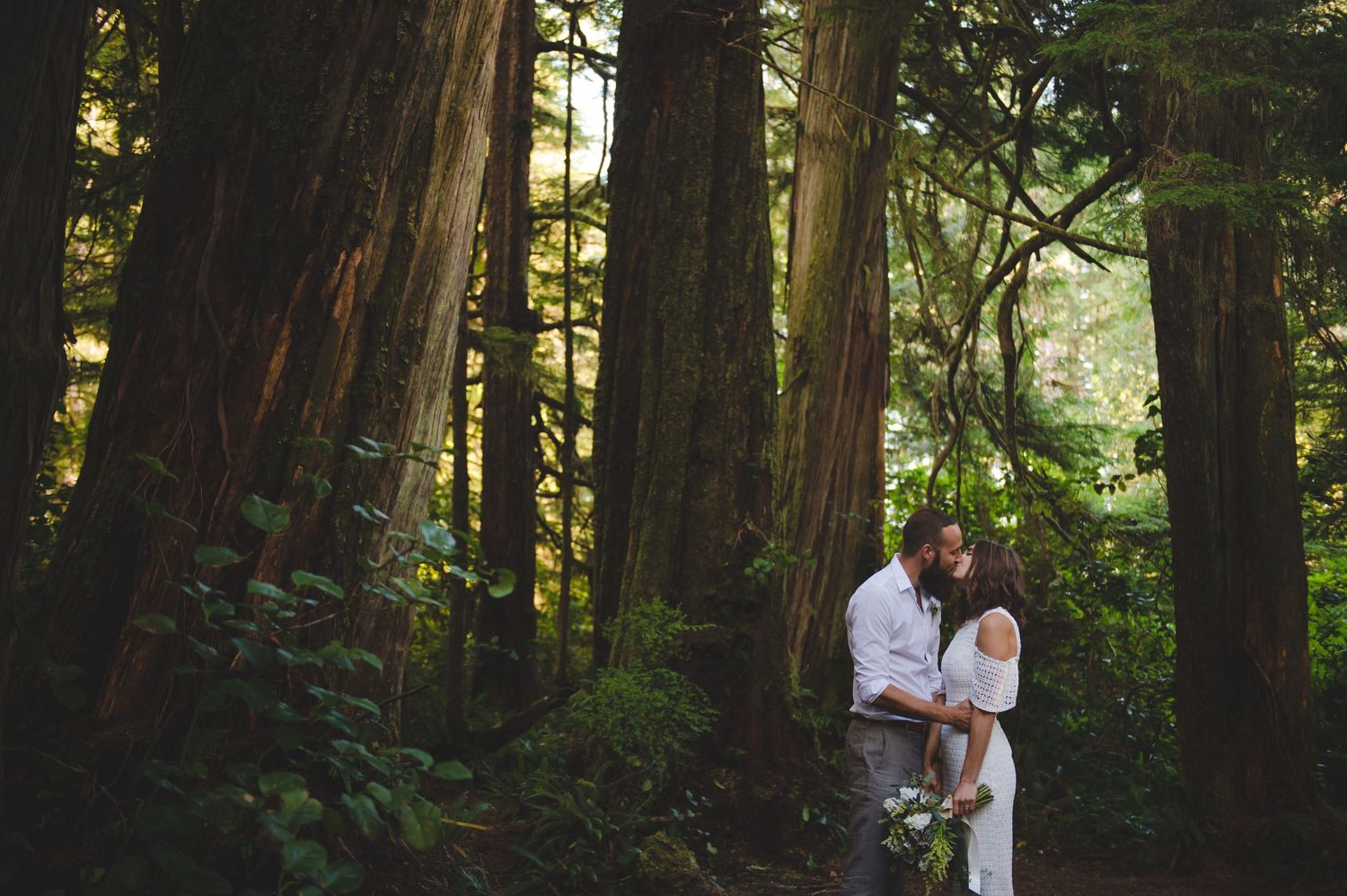 Couple embracing in a lush green forest with tall redwood trees in the background.