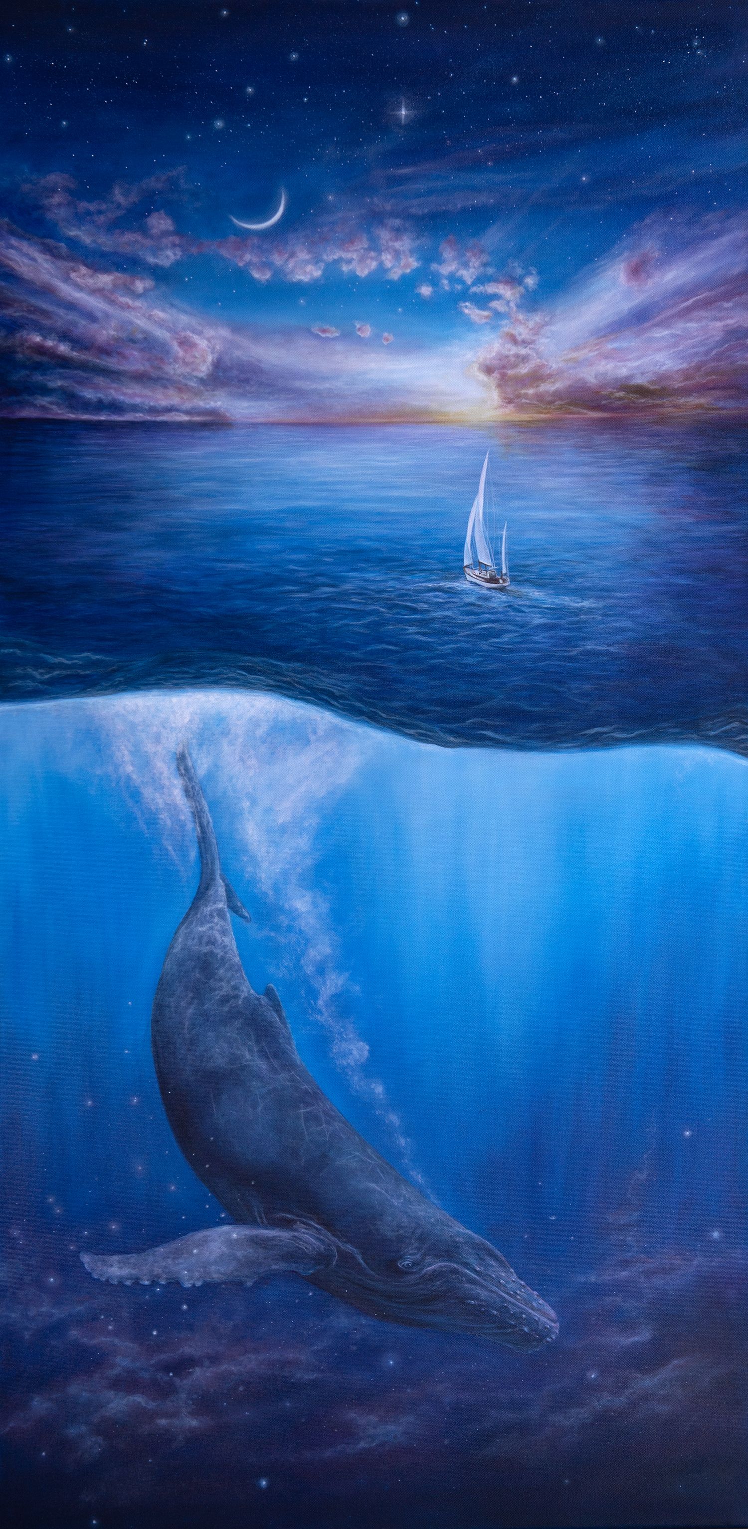 A majestic whale swims beneath a sailboat in a dreamy ocean scene with stars and crescent moon in the twilight sky.