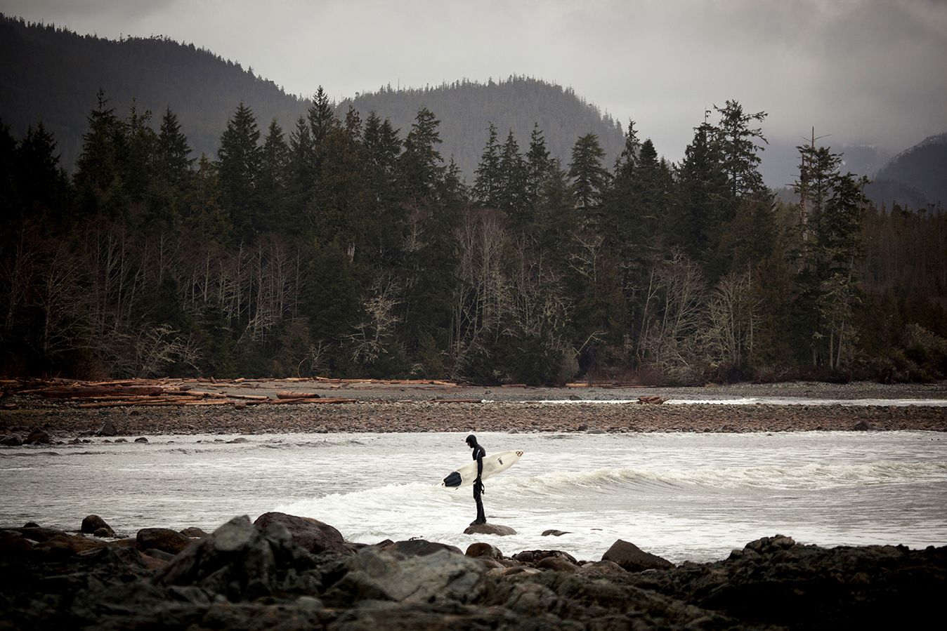 Stormy winter landscape of a rocky Pacific Northwest beach surrounded by evergreen forests.