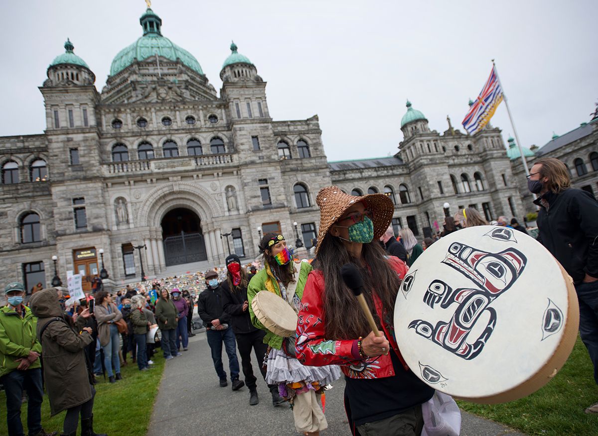 Fairy Creek blockade. Crowd gathered outside British Columbia Parliament Buildings with traditional First Nations drums.