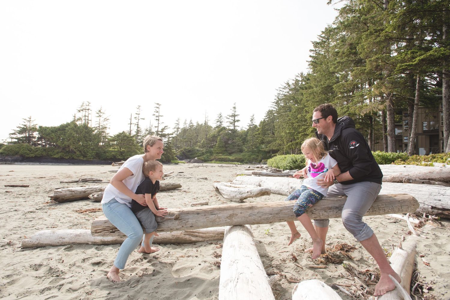 A playful family moment on a driftwood-strewn beach with evergreen trees in the background.