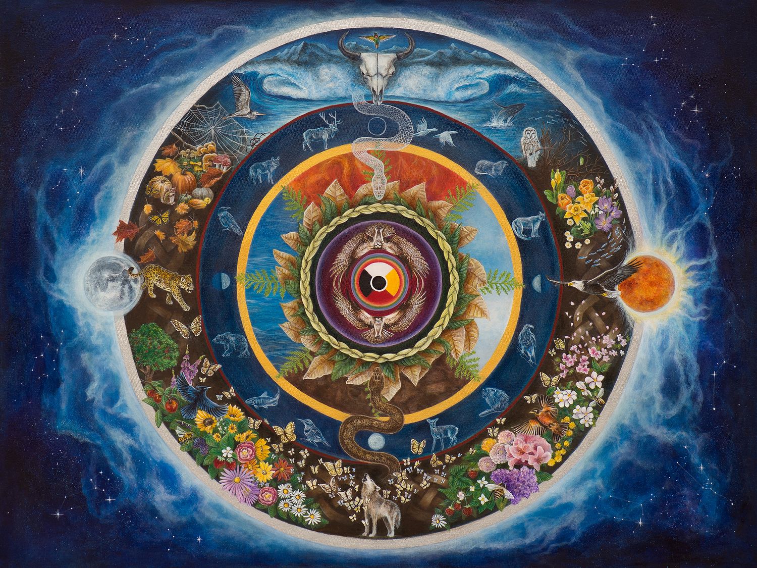 Surreal fantasy art sequence shows a cosmic eye with swirling galaxies, mythical creatures, and celestial elements in space.