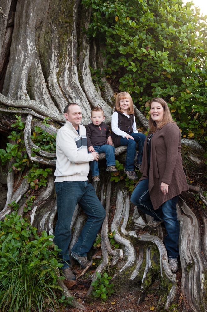 Family group poses together on twisted tree roots against green foliage background.