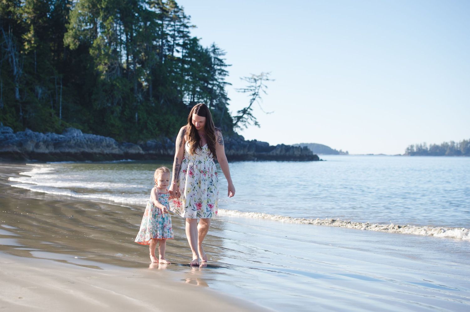 Scenic coastal beach with evergreen forest and calm waters on clear day.