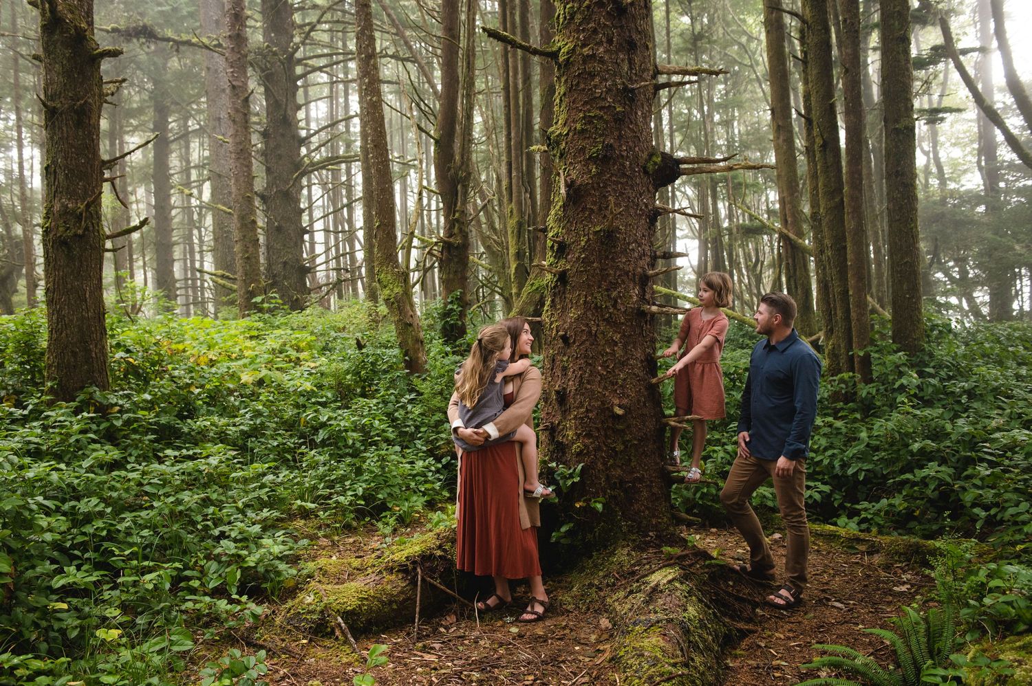 Family exploring mossy forest path surrounded by towering pine trees in Pacific Northwest.