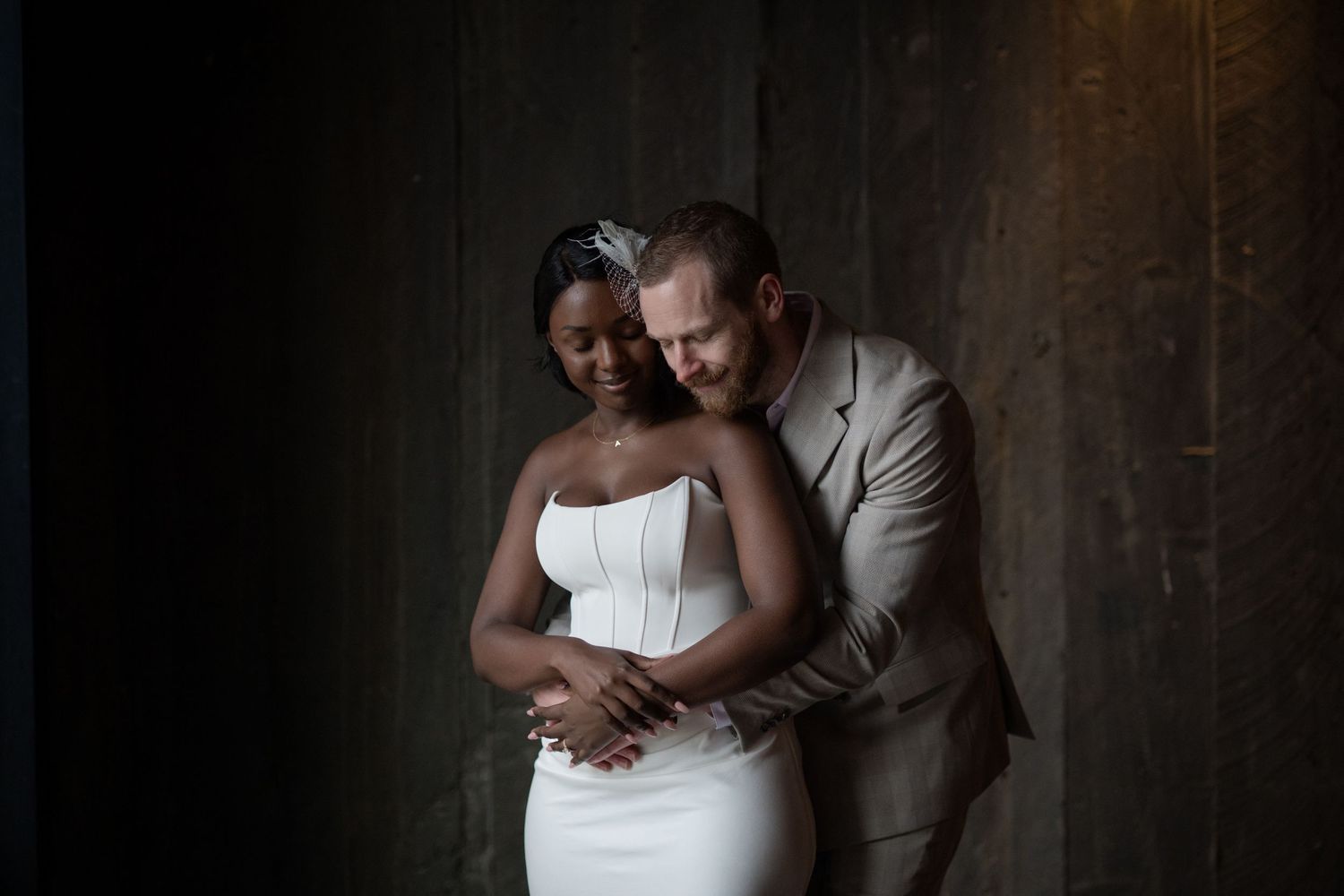 A series of romantic wedding photos showing intimate moments between a bride and groom in formal attire.