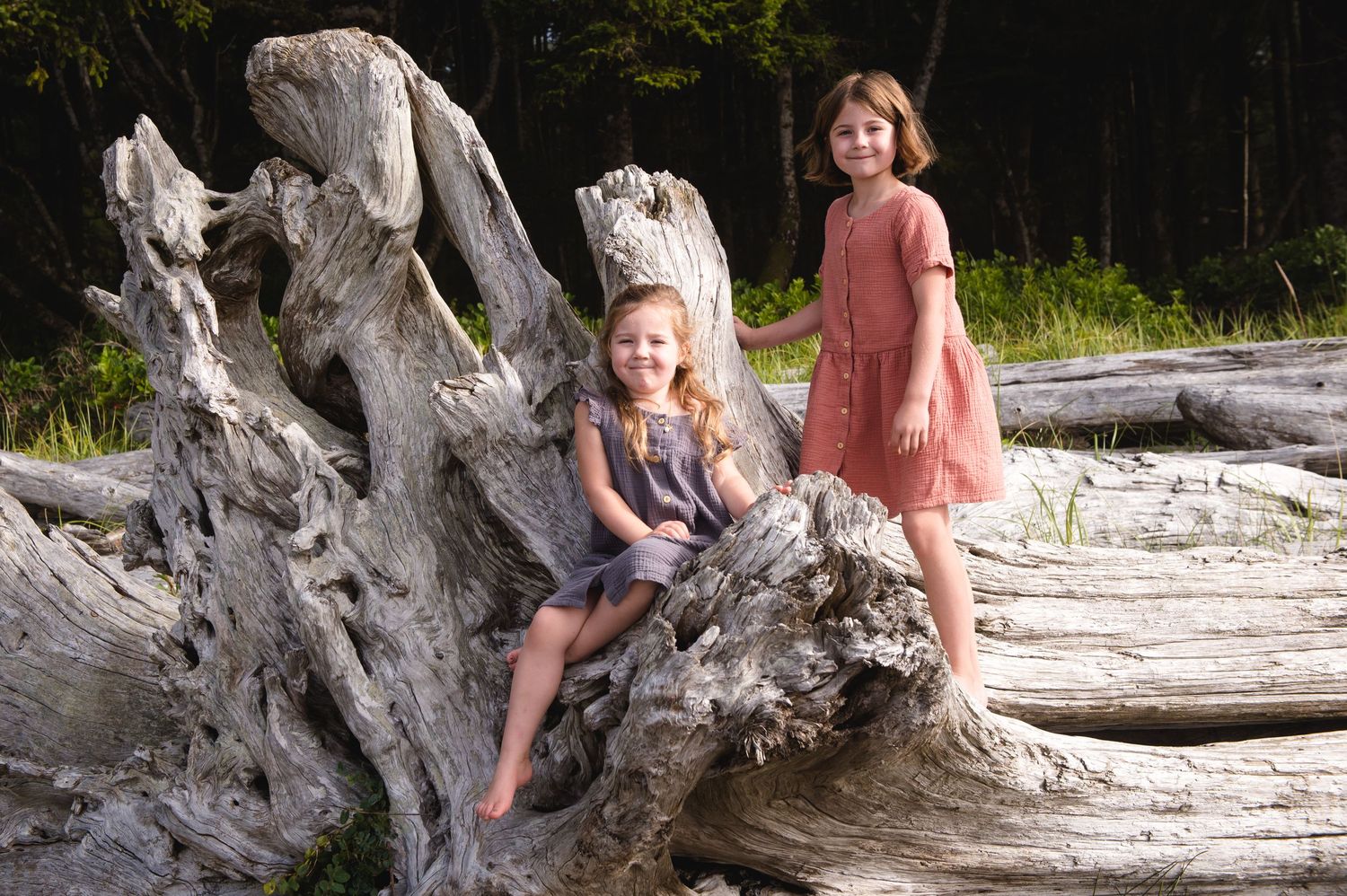 Two people pose on large driftwood at the beach with forest in background.