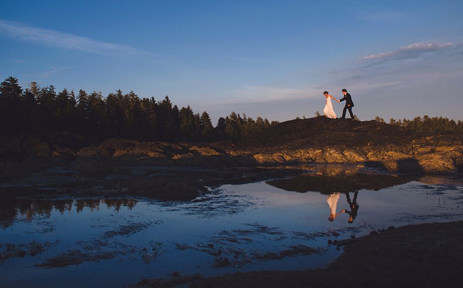 Silhouetted wedding couple on hilltop against sunset and forest backdrop.