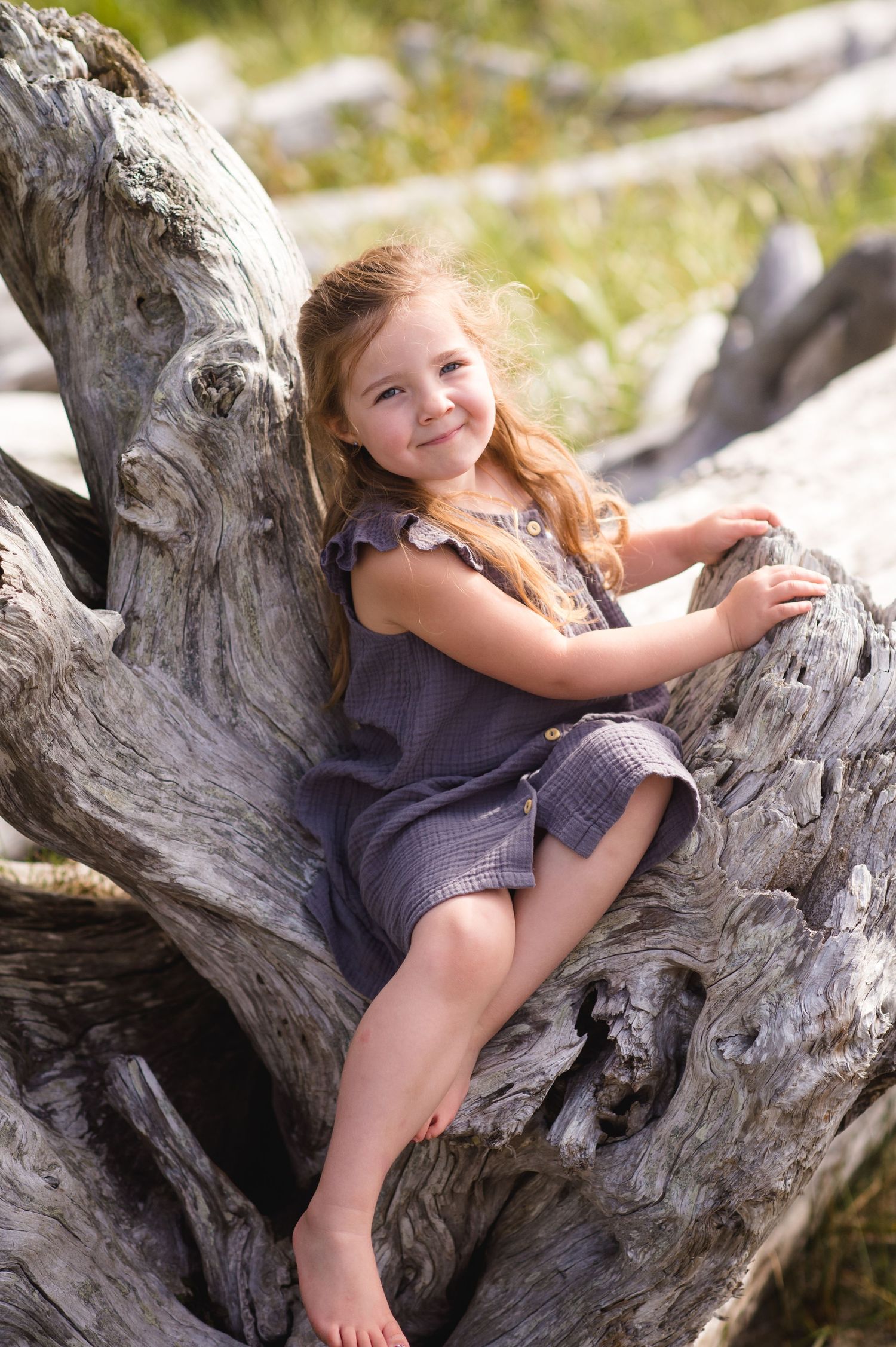 A young child in a purple dress sits barefoot on a weathered driftwood log in natural sunlight.